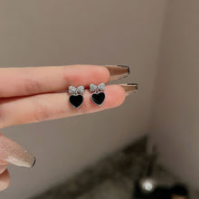 Load image into Gallery viewer, Sparkling Diamond Bow Black Heart-shaped Earrings Retro Temperamental Alloy Earrings Ear Studs Women Jewelry Accessories