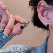 Load image into Gallery viewer, Sparkling Diamond Bow Black Heart-shaped Earrings Retro Temperamental Alloy Earrings Ear Studs Women Jewelry Accessories