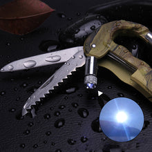 Load image into Gallery viewer, Outdoor 5-IN-1 EDC Quick Mount Mountaineering Buckle Multi-Function Knife Serrated LED Lighting Tactical Camo Camping Tool