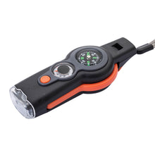 Load image into Gallery viewer, Multifunction 7 In1 Outdoor EDC Survival Whistle Keychain with Compass Thermometer Magnifier Camping Hiking Outdoor Tools