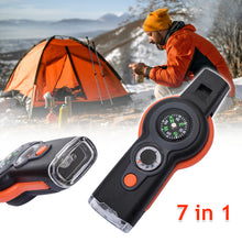 Load image into Gallery viewer, Multifunction 7 In1 Outdoor EDC Survival Whistle Keychain with Compass Thermometer Magnifier Camping Hiking Outdoor Tools
