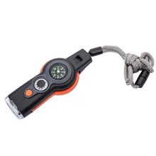 Load image into Gallery viewer, Multifunction 7 In1 Outdoor EDC Survival Whistle Keychain with Compass Thermometer Magnifier Camping Hiking Outdoor Tools