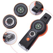 Load image into Gallery viewer, Multifunction 7 In1 Outdoor EDC Survival Whistle Keychain with Compass Thermometer Magnifier Camping Hiking Outdoor Tools