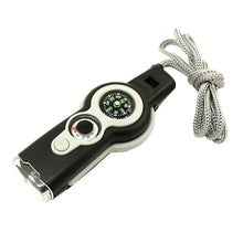 Load image into Gallery viewer, Multifunction 7 In1 Outdoor EDC Survival Whistle Keychain with Compass Thermometer Magnifier Camping Hiking Outdoor Tools