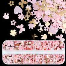 Load image into Gallery viewer, 12 Grids 3D Acrylic Flower Nail Sequins Decoration Mixed Pink Golden Butterfly Love Flower Rabbit Nail Art Supplies Professional Accessories