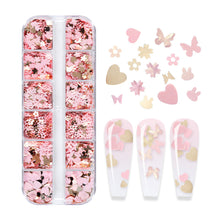 Load image into Gallery viewer, 12 Grids 3D Acrylic Flower Nail Sequins Decoration Mixed Pink Golden Butterfly Love Flower Rabbit Nail Art Supplies Professional Accessories