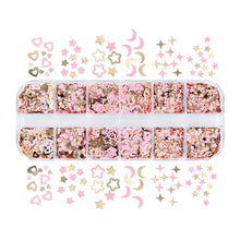 Load image into Gallery viewer, 12 Grids 3D Acrylic Flower Nail Sequins Decoration Mixed Pink Golden Butterfly Love Flower Rabbit Nail Art Supplies Professional Accessories
