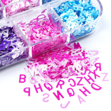 Load image into Gallery viewer, 12 Grid Long Box Mixed Color English Alphabet Sequins Ultra-thin Nail Enhancement PET Nail Enhancement DIY Sequins