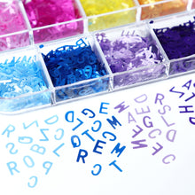 Load image into Gallery viewer, 12 Grid Long Box Mixed Color English Alphabet Sequins Ultra-thin Nail Enhancement PET Nail Enhancement DIY Sequins