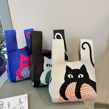 Load image into Gallery viewer, Niche Cartoon Cat Knitted Woven Handbag Large Capacity Portable Versatile Shoulder Bag Handbag for Women