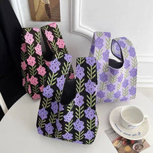 Load image into Gallery viewer, Handmade Zebra-stripe Knit Handbag Casual Wave Lavender Wrist-bag Female Tote Bag Women Reusable Shopping Bags