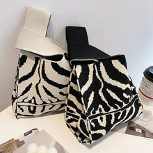 Load image into Gallery viewer, Handmade Zebra-stripe Knit Handbag Casual Wave Lavender Wrist-bag Female Tote Bag Women Reusable Shopping Bags