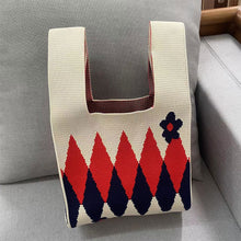 Load image into Gallery viewer, Handmade Knit Handbag Casual Knitted Bag Diamond Checkered Small Flower Wrist-bag Female Tote Bag Women Reusable Shopping Bags