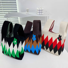 Load image into Gallery viewer, Handmade Knit Handbag Casual Knitted Bag Diamond Checkered Small Flower Wrist-bag Female Tote Bag Women Reusable Shopping Bags