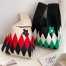 Load image into Gallery viewer, Handmade Knit Handbag Casual Knitted Bag Diamond Checkered Small Flower Wrist-bag Female Tote Bag Women Reusable Shopping Bags