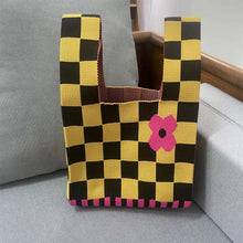 Load image into Gallery viewer, Handmade Knit Handbag Casual Knitted Bag Plaid Checkerboard Flower Wrist-bag Female Tote Bag Women Reusable Shopping Bags