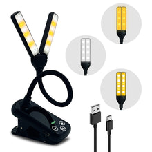 Load image into Gallery viewer, Dual Head Mini LED Book Lamp 3 Light Color 8 Brightness Night Light Clip-On Reading Study Desk Lamp Rechargeable Travel Bedroom Reading Light