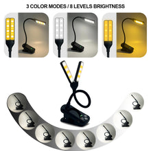 Load image into Gallery viewer, Dual Head Mini LED Book Lamp 3 Light Color 8 Brightness Night Light Clip-On Reading Study Desk Lamp Rechargeable Travel Bedroom Reading Light