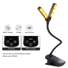 Load image into Gallery viewer, Dual Head Mini LED Book Lamp 3 Light Color 8 Brightness Night Light Clip-On Reading Study Desk Lamp Rechargeable Travel Bedroom Reading Light