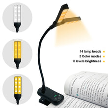 Load image into Gallery viewer, Dual Head Mini LED Book Lamp 3 Light Color 8 Brightness Night Light Clip-On Reading Study Desk Lamp Rechargeable Travel Bedroom Reading Light