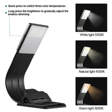 Load image into Gallery viewer, Mini LED Book Night 3 Light Color Adjustable Brightness Clip-On Study Reading Lamp Rechargeable Travel Bedroom Reading Lamp