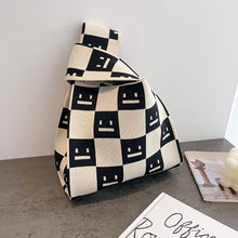 Load image into Gallery viewer, Simple Checkerboard Square Smiling Face Knitted Shoulder Bag Handbag Versatile Large Capacity Soft Knitted Bag