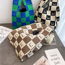 Load image into Gallery viewer, Simple Checkerboard Square Smiling Face Knitted Shoulder Bag Handbag Versatile Large Capacity Soft Knitted Bag