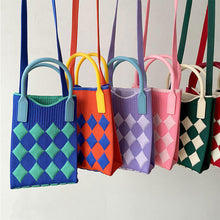 Load image into Gallery viewer, Checkered Rhombus Pattern Versatile Knitted Handbagag Contrast Color Mini Cute Crossbody Bag Mobile Phone Bag