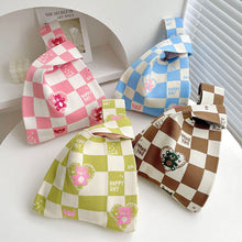 Load image into Gallery viewer, Checkerboard Love Bear Knitted Shoulder Bag Handbag Comfortable Portable Large Capacity Wrist Bag Casual Knitted Bag