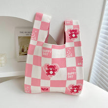 Load image into Gallery viewer, Checkerboard Love Bear Knitted Shoulder Bag Handbag Comfortable Portable Large Capacity Wrist Bag Casual Knitted Bag