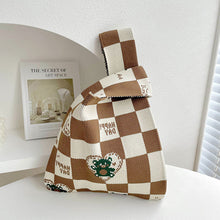 Load image into Gallery viewer, Checkerboard Love Bear Knitted Shoulder Bag Handbag Comfortable Portable Large Capacity Wrist Bag Casual Knitted Bag