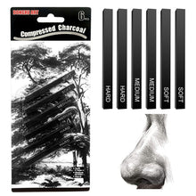 Load image into Gallery viewer, 6pcs Carbon Strip Compressed Graphite Pencil Professional Pure Carbon Sketch Pens Hard/Medium/Soft Woodless Charcoal Pencil Set Drawing Tool Painting Supplies