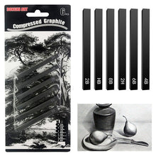 Load image into Gallery viewer, 6pcs Carbon Strip Compressed Graphite Pencil Professional Pure Carbon Sketch Pens Hard/Medium/Soft Woodless Charcoal Pencil Set Drawing Tool Painting Supplies