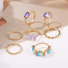 Load image into Gallery viewer, 7pcs/set Purple Crystal Rings Personalized Fashionable Rings Set Unadjustable Alloy Rings Women Jewelry Accessories
