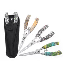Load image into Gallery viewer, Multifunctional Lure Pliers Camo Curved Nose Stainless Steel Scissors Control Fish Pliers With Knife Open Steel Ring Cutting Line Fishing Tools