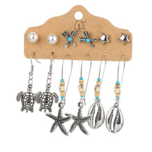 Load image into Gallery viewer, 6PCS/SET Retro Exaggerated Bohemian Ethnic Earrings Set Jewel Feather Shell Hollow Half-Round Stud Earrings Set