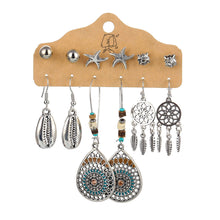 Load image into Gallery viewer, 6PCS/SET Retro Exaggerated Bohemian Ethnic Earrings Set Jewel Feather Shell Hollow Half-Round Stud Earrings Set