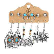 Load image into Gallery viewer, 6PCS/SET Retro Exaggerated Bohemian Ethnic Earrings Set Jewel Feather Shell Hollow Half-Round Stud Earrings Set