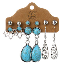 Load image into Gallery viewer, 6PCS/SET Retro Exaggerated Bohemian Ethnic Earrings Set Jewel Feather Shell Hollow Half-Round Stud Earrings Set