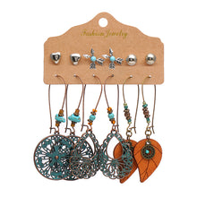 Load image into Gallery viewer, 6PCS/SET Retro Exaggerated Bohemian Ethnic Earrings Set Jewel Feather Shell Hollow Half-Round Stud Earrings Set