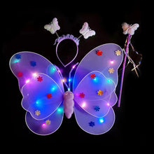 Load image into Gallery viewer, 3/4pcs Kids Glowing Butterfly Wings Set with Light Girls Butterfly Dress Headband Wand Halloween Party Costume Children Fairy Props Christmas Photography Clothes Props