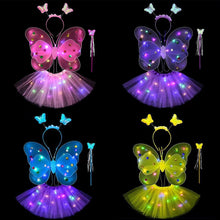 Load image into Gallery viewer, 3/4pcs Kids Glowing Butterfly Wings Set with Light Girls Butterfly Dress Headband Wand Halloween Party Costume Children Fairy Props Christmas Photography Clothes Props