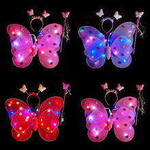 Load image into Gallery viewer, 3/4pcs Kids Glowing Butterfly Wings Set with Light Girls Butterfly Dress Headband Wand Halloween Party Costume Children Fairy Props Christmas Photography Clothes Props