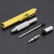 Load image into Gallery viewer, 6 in 1 Metal Pen Tool Multifunctional Screw Bits Spirit Level Scale Ruler Ballpoint Pen Outdoor Portable Alloy Pen Tools