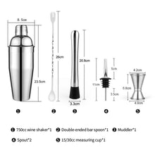 Load image into Gallery viewer, 1Set Cocktail Shaker Bar Set Stainless Steel Bartender Kit Boston Shaker/Jigger/Strainer/Bar Mixer Spoon/Tongs Party Bar Tools