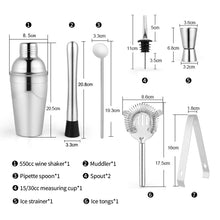 Load image into Gallery viewer, 1Set Cocktail Shaker Bar Set Stainless Steel Bartender Kit Boston Shaker/Jigger/Strainer/Bar Mixer Spoon/Tongs Party Bar Tools