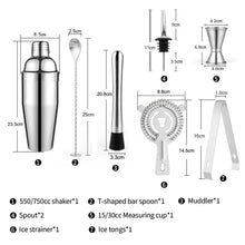 Load image into Gallery viewer, 1Set Cocktail Shaker Bar Set Stainless Steel Bartender Kit Boston Shaker/Jigger/Strainer/Bar Mixer Spoon/Tongs Party Bar Tools