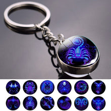Load image into Gallery viewer, Creative 12 Constellation Luminous Key Ring Time Stone Double-Sided Glass Ball Metal Keychain Pendant Key Chain Accessories