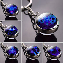 Load image into Gallery viewer, Creative 12 Constellation Luminous Key Ring Time Stone Double-Sided Glass Ball Metal Keychain Pendant Key Chain Accessories