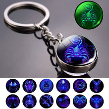 Load image into Gallery viewer, Creative 12 Constellation Luminous Key Ring Time Stone Double-Sided Glass Ball Metal Keychain Pendant Key Chain Accessories